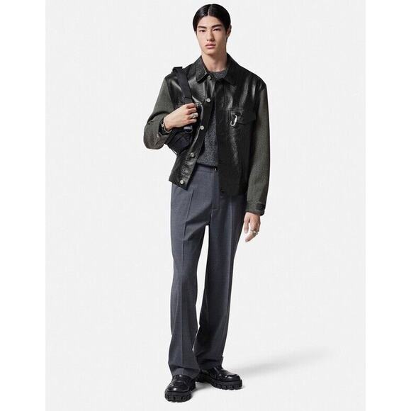 NWT Versace Panelled Leather Wool Button Black Jacket Coat IT 52/ L $3,050 - Picture 1 of 14